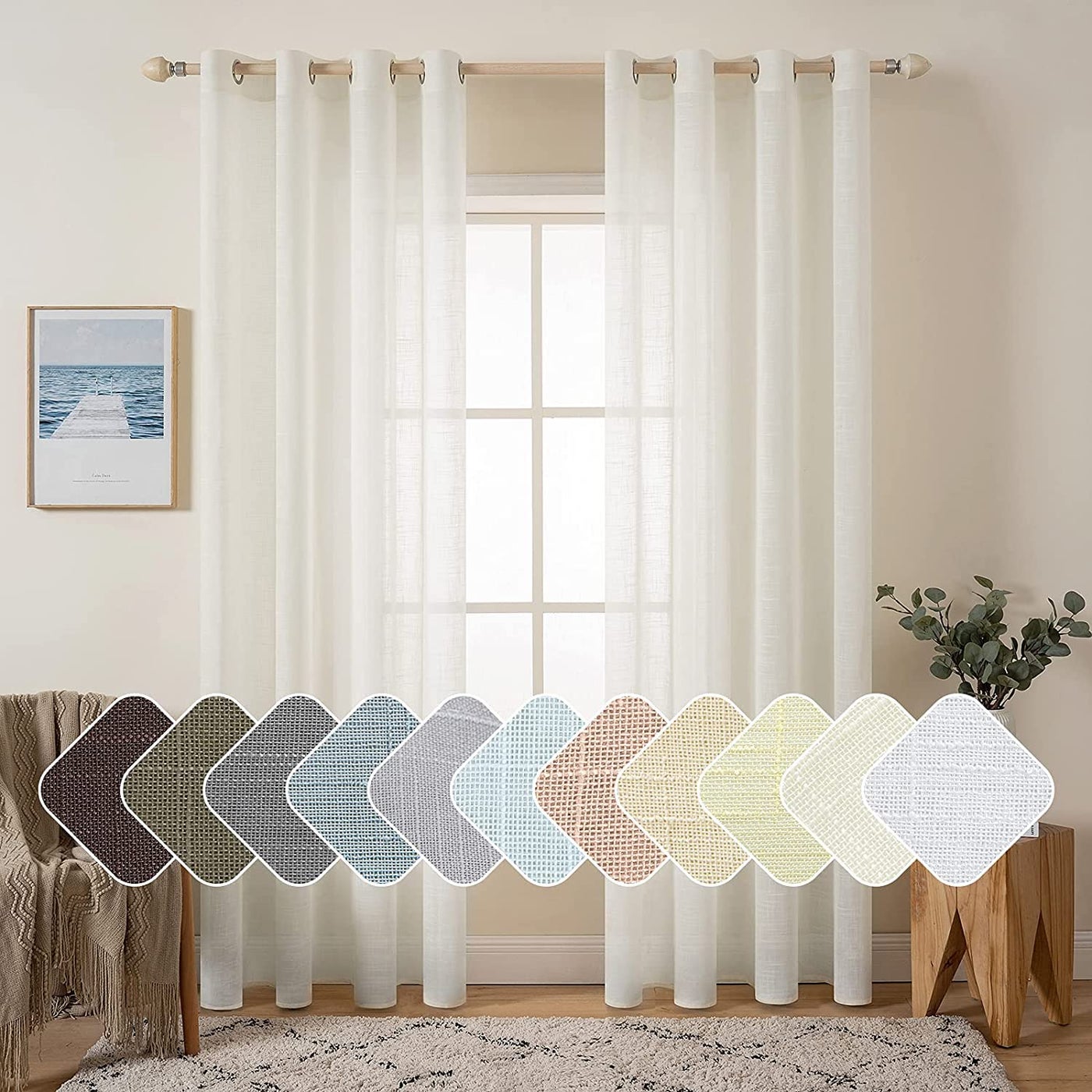 MIULEE Natural Linen Semi Sheer Window Curtains - Elegant Solid Ivory Drapes with Grommet Top - Voile Panels for Bedroom & Living Room (52X108 Inch)